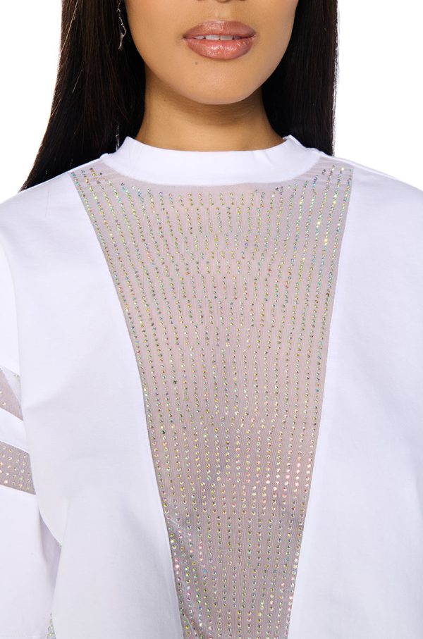 ALL STAR RHINESTONE MESH CROPPED T-SHIRT IN WHITE For Cheap