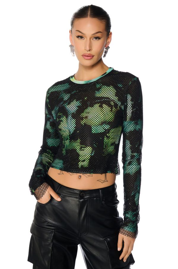 ISSA VIBE RHINESTONE EMBELLISHED LONG SLEEVE TEE Hot on Sale