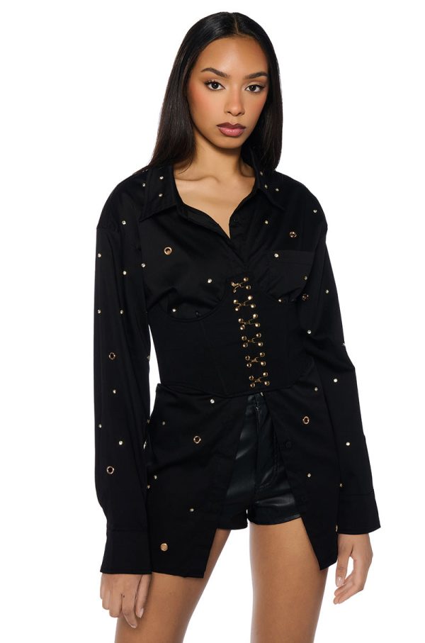 ALL OVER GROMMET DETAIL CORSET BUTTON DOWN SET Sale