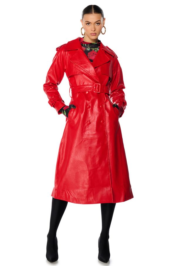 AU REVOIR FAUX LEATHER TRENCH IN RED on Sale