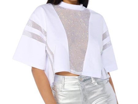 ALL STAR RHINESTONE MESH CROPPED T-SHIRT IN WHITE For Cheap