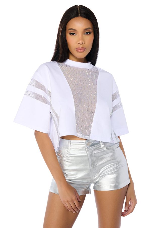 ALL STAR RHINESTONE MESH CROPPED T-SHIRT IN WHITE For Cheap