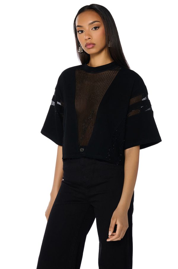 ALL STAR RHINESTONE MESH TSHIRT IN BLACK Hot on Sale