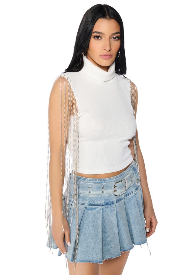 ANASTASIA RHINESTONE FRINGE KNIT TANK IN WHITE Online Hot Sale