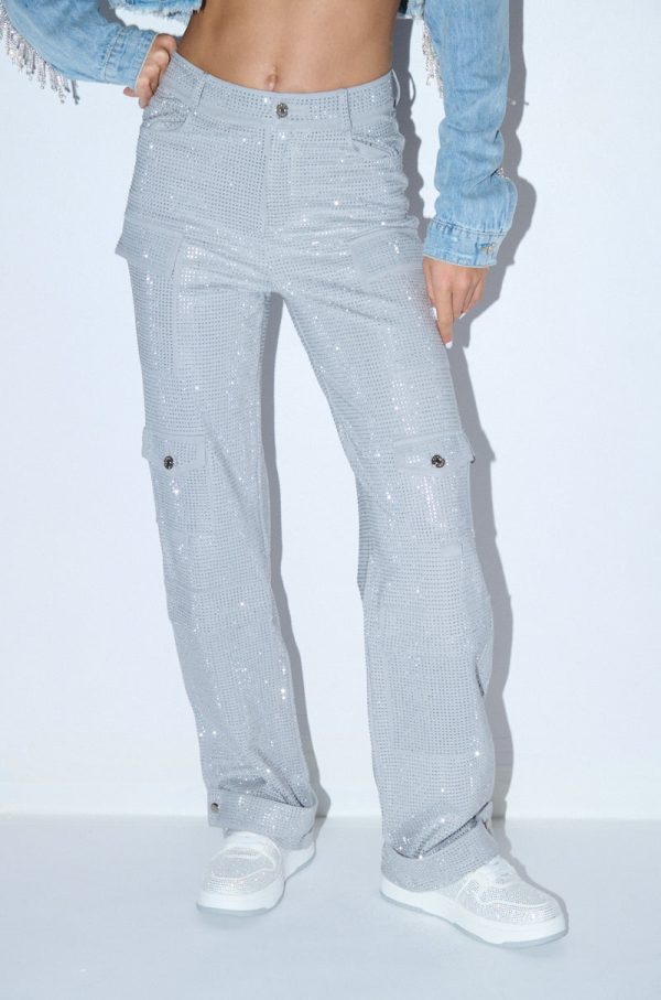 AMMO BONNE SOIREE RHINESTONE CARGO PANTS IN GREY Online Hot Sale