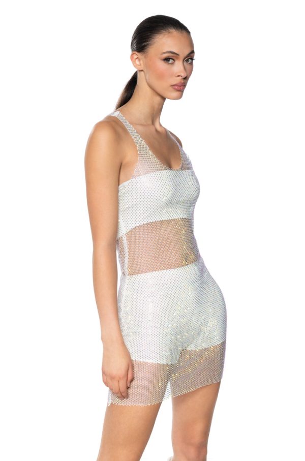 AYLA RHINESTONE MESH MIDI DRESS IN WHITE Discount