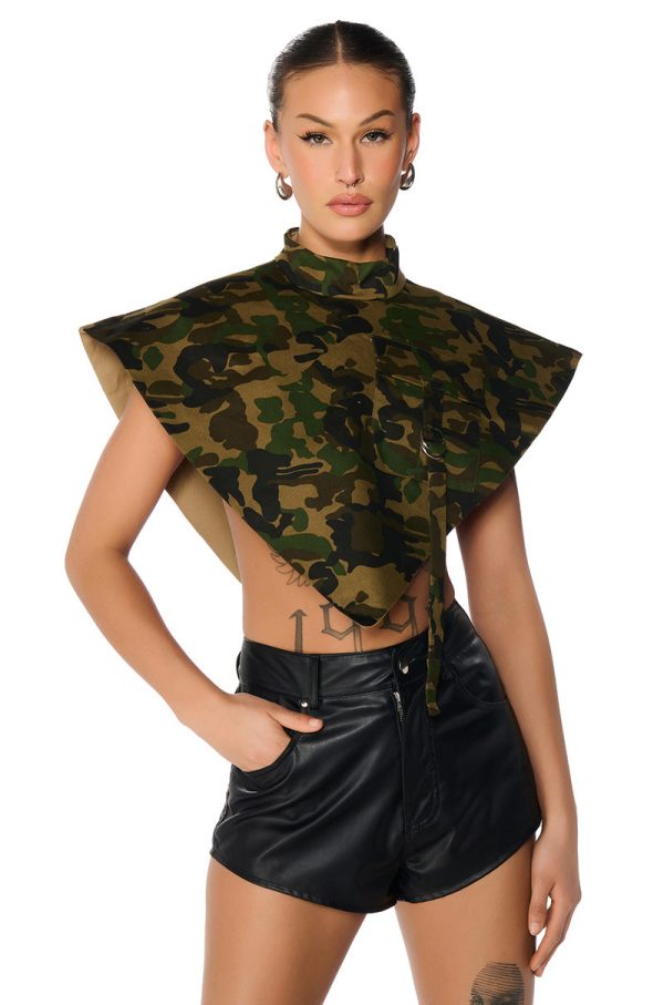 ARIA CAMO PRINT MOCK NECK TRIANGLE BLOUSE For Sale