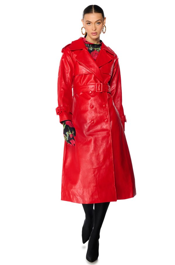 AU REVOIR FAUX LEATHER TRENCH IN RED on Sale