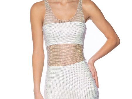 AYLA RHINESTONE MESH MIDI DRESS IN WHITE Discount