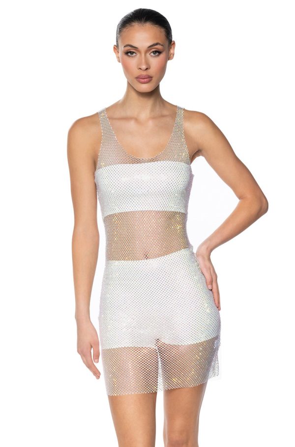 AYLA RHINESTONE MESH MIDI DRESS IN WHITE Discount