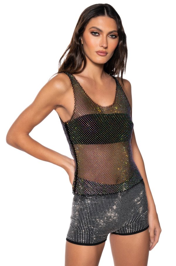 ANGEL SLEEVELESS RHINESTONE MESH TOP IN BLACK Supply