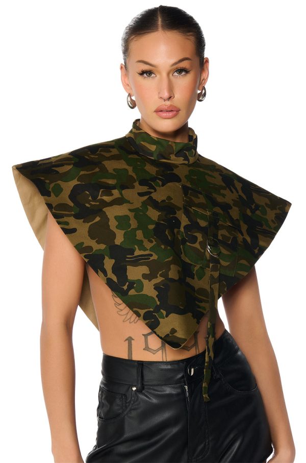 ARIA CAMO PRINT MOCK NECK TRIANGLE BLOUSE For Sale