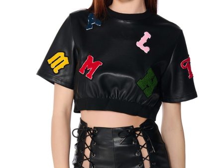 ABC FAUX LEATHER PATCHWORK T SHIRT Fashion