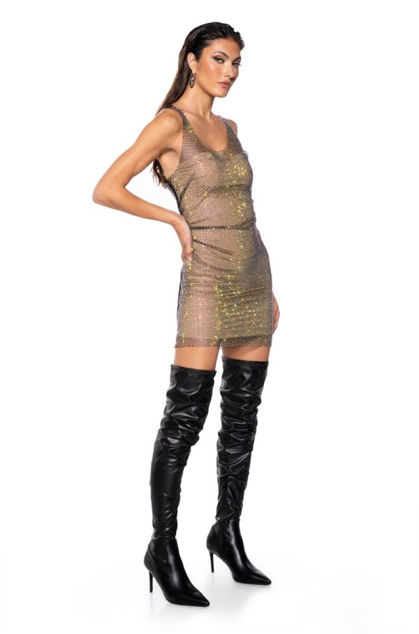 AYLA RHINESTONE MESH SLEEVELESS DRESS For Sale