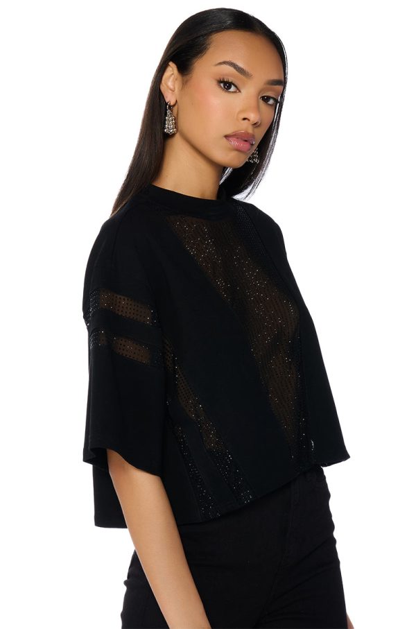 ALL STAR RHINESTONE MESH TSHIRT IN BLACK Hot on Sale