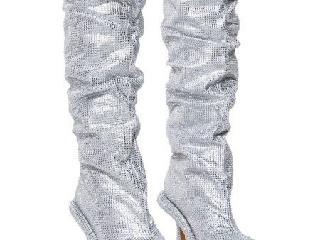 AZALEA WANG BAREFOOT SILVER OVER THE KNEE RHINESTONE BOOT Online Hot Sale