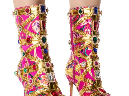 AZALEA WANG BRISTOW BROCADE EMBELLISHED OPEN TOE BOOTIE IN PINK Discount