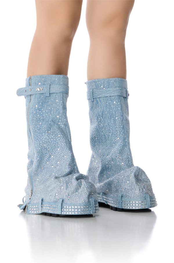 AZALEA WANG ANGELA RHINESTONED DENIM FLAT BOOTIE Online Sale