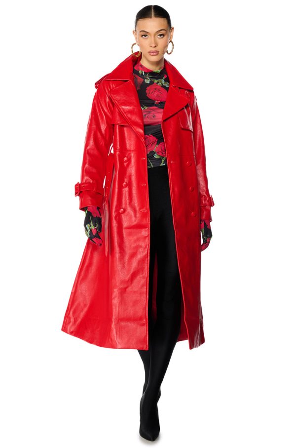 AU REVOIR FAUX LEATHER TRENCH IN RED on Sale