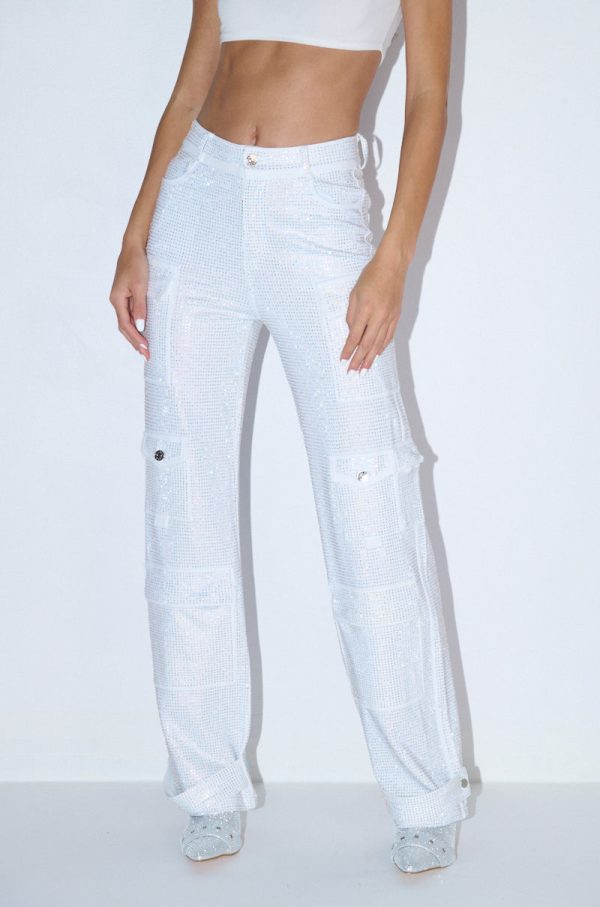 AMMO BONNE SOIREE RHINESTONE CARGO PANTS IN WHITE Online now