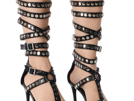 AZALEA WANG AUDACIOUS BLACK SILVER STUD GLADIATOR SANDAL on Sale