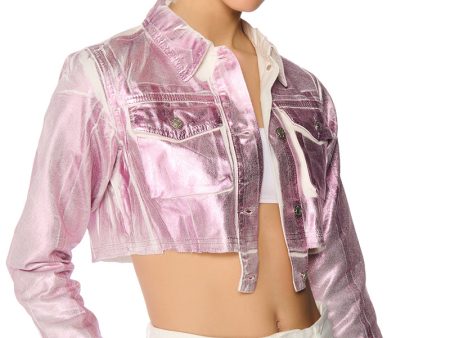 AUBREY BRUSHED METALLIC CROPPED DENIM JACKET IN PINK For Sale