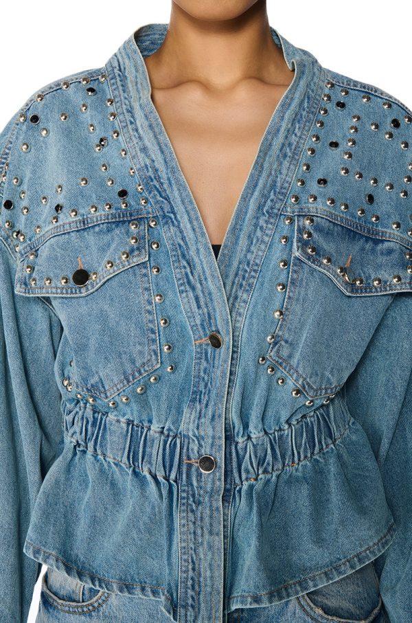 ALL THE RAGE STUDDED DENIM CINCHED JACKET on Sale