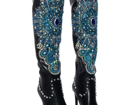 AZALEA WANG AXELLE BLACK BLUE EMBELLISHED BOOT Online Sale