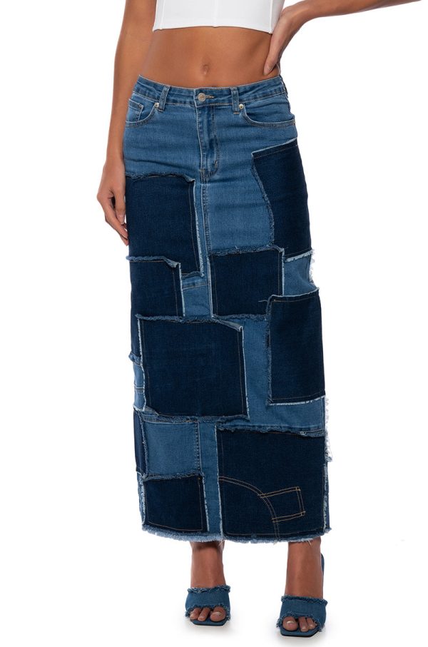 ALWAYS GOOD PATCHWORK DENIM MAXI SKIRT Hot on Sale