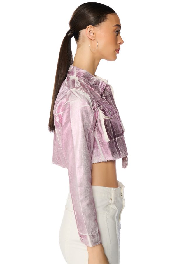 AUBREY BRUSHED METALLIC CROPPED DENIM JACKET IN PINK For Sale