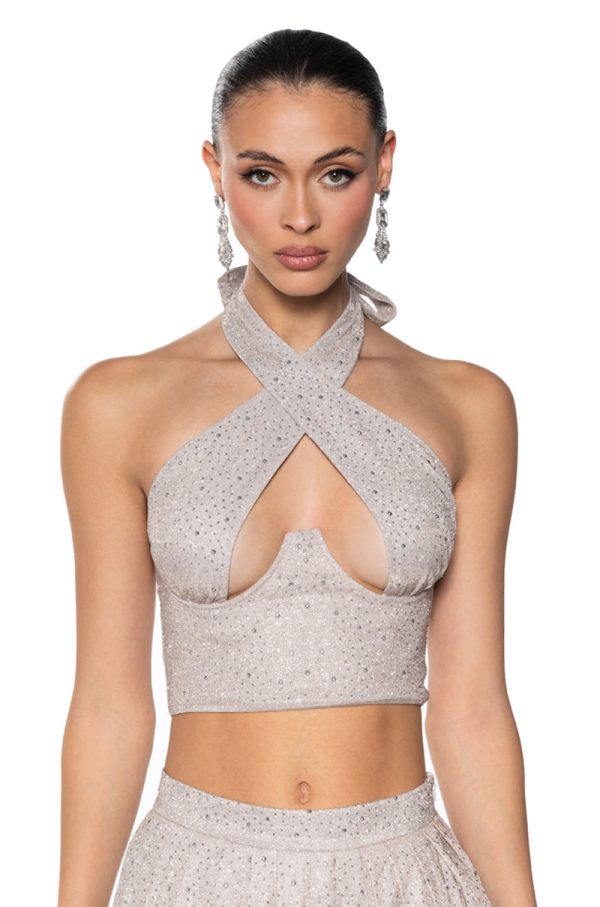 AURORA RHINSTONE SHINE HALTER TOP For Sale