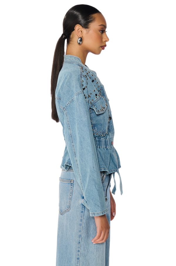 ALL THE RAGE STUDDED DENIM CINCHED JACKET on Sale