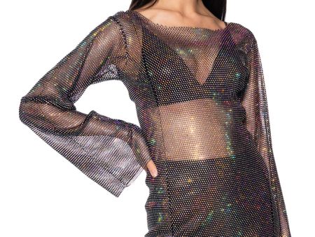 ANAIS RHINESTONE MESH LONG SLEEVE MINI DRESS IN BLACK Hot on Sale