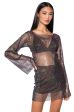 ANAIS RHINESTONE MESH LONG SLEEVE MINI DRESS IN BLACK Hot on Sale