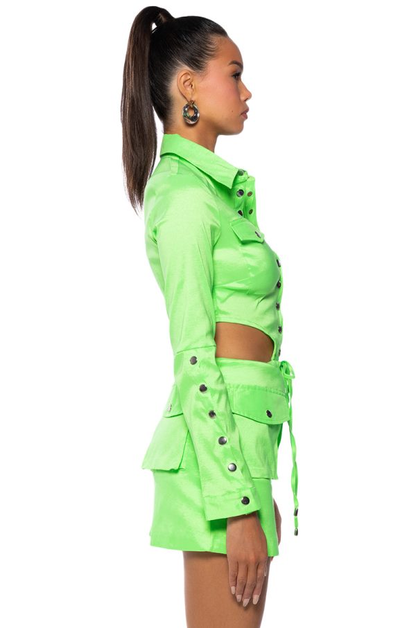 ARIELLE OPEN BACK CARGO MINI DRESS IN LIME on Sale