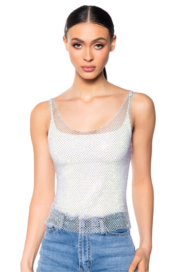 ANGEL VIBES RHINESTONE MESH TANK IN SILVER Online Sale