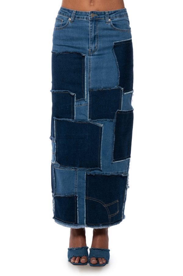 ALWAYS GOOD PATCHWORK DENIM MAXI SKIRT Hot on Sale