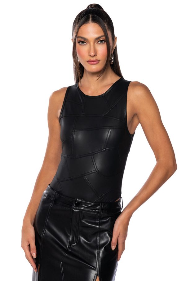 AMELIA FAUX LEATHER SLEEVELESS BODYSUIT Discount