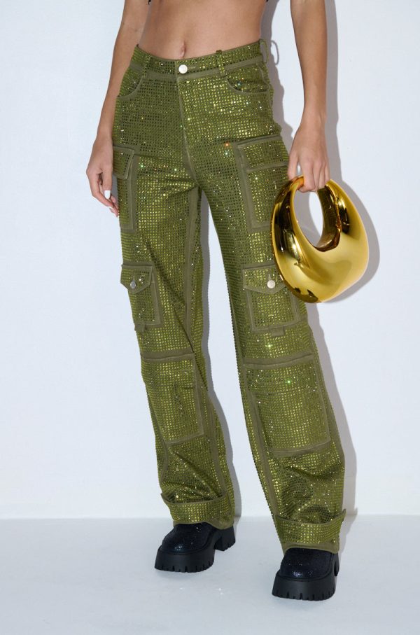 AMMO BONNE SOIREE RHINESTONE CARGO PANTS IN OLIVE For Cheap