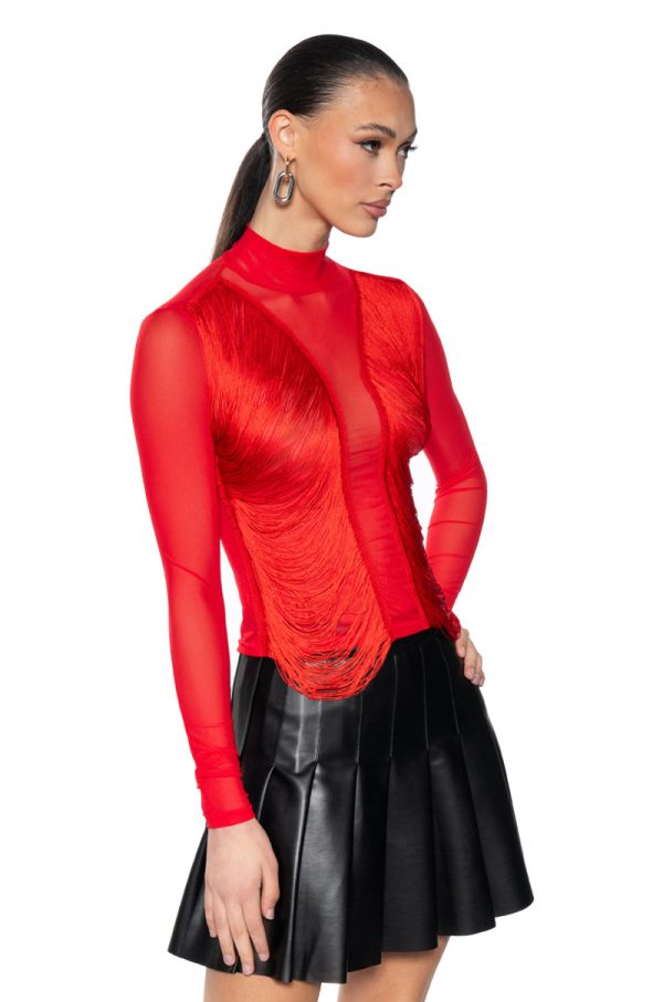 ANNIKA FRINGE DETAIL LONG SLEEVE MESH TOP IN RED Discount