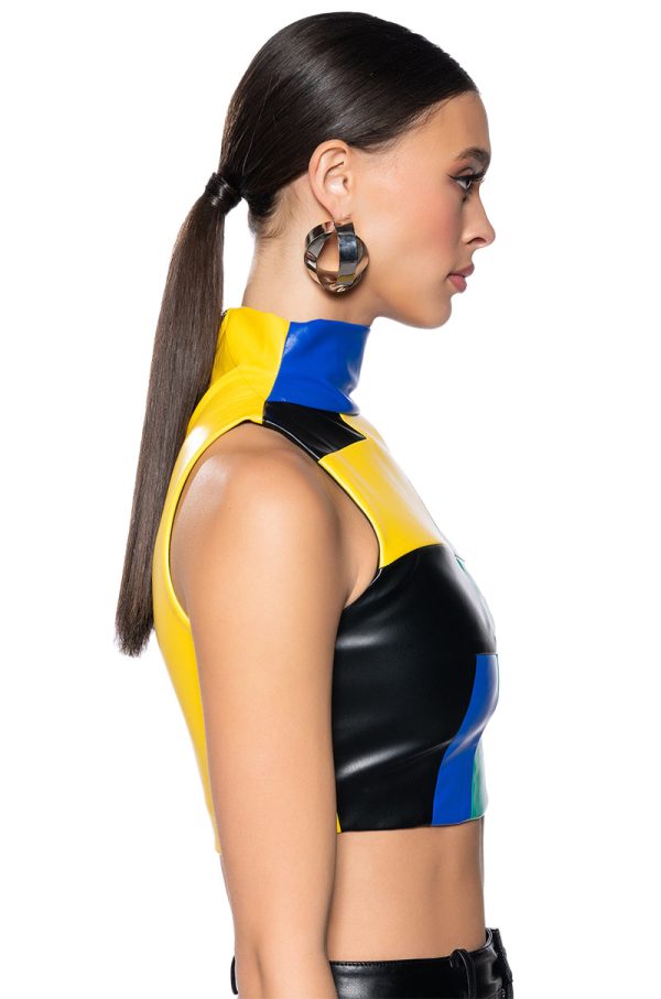 AMEILA COLOR BLOCK FAUX LEATHER CROP TOP Supply