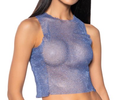 ZELDA RHINESTONE MESH SLEEVELESS TOP IN BLUE Fashion