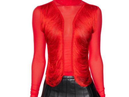 ANNIKA FRINGE DETAIL LONG SLEEVE MESH TOP IN RED Discount