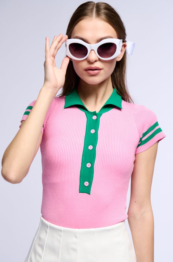 ALWAYS LUCKY RIBBED COLLARED BODYSUIT IN PINK Discount