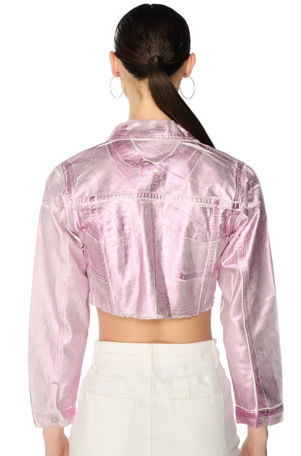 AUBREY BRUSHED METALLIC CROPPED DENIM JACKET IN PINK For Sale