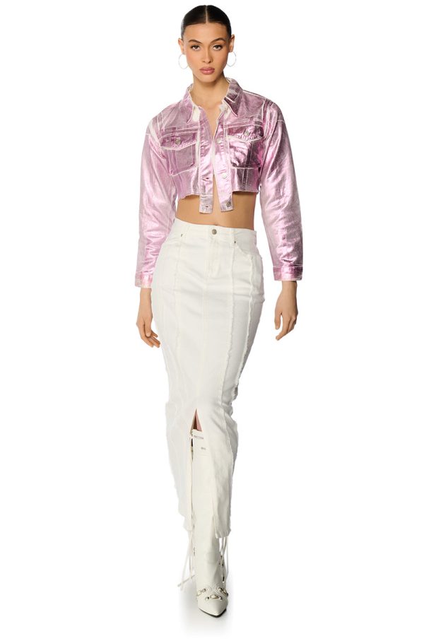 AUBREY BRUSHED METALLIC CROPPED DENIM JACKET IN PINK For Sale