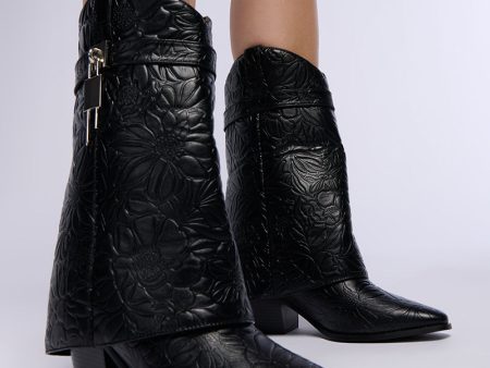 AZALEA WANG ARMORY EMBOSSED FAUX LEATHER BLACK COWBOY BOOTIE on Sale