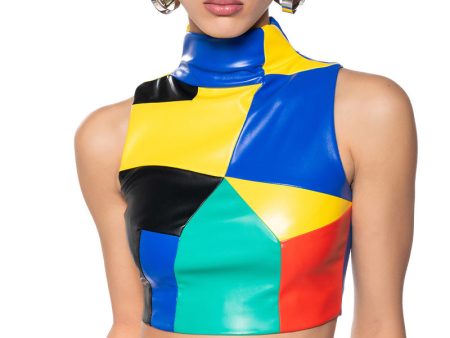 AMEILA COLOR BLOCK FAUX LEATHER CROP TOP Supply