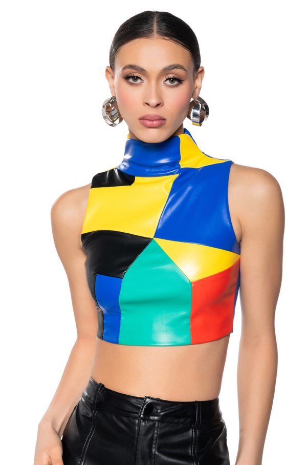 AMEILA COLOR BLOCK FAUX LEATHER CROP TOP Supply