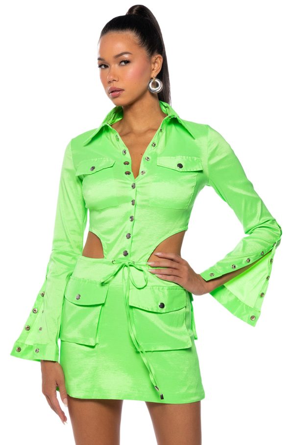 ARIELLE OPEN BACK CARGO MINI DRESS IN LIME on Sale